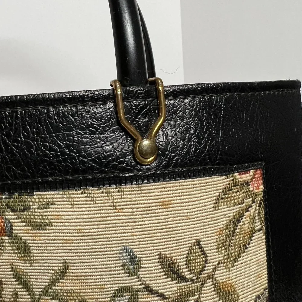 Vintage Handbag‎ Black with Tapestry Front craft bag hard side purse granny bag